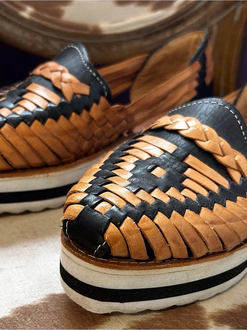 Woven Leather Slip-On Huarache Loafers in Tan & Black